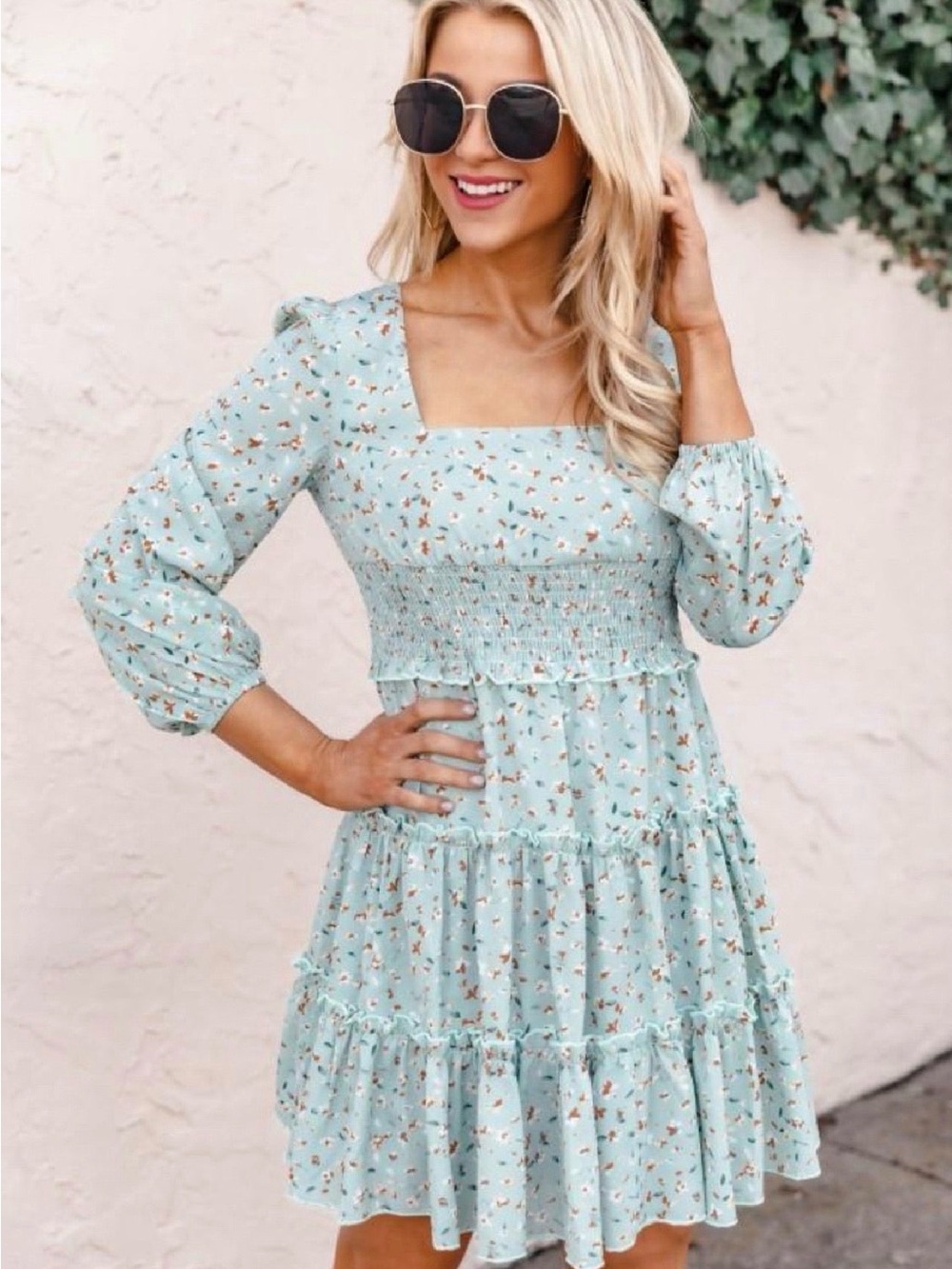 Pink Lily Mint Floral Smocked Tiered Mini Dress